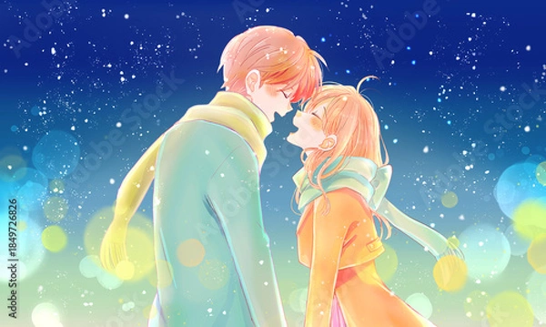 Fototapeta 冬の幸せそうな男女　向かい合う　夜　雪　イルミネーション