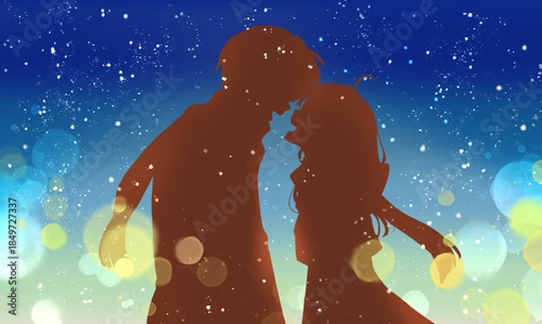 Fototapeta 冬の幸せそうな男女　向かい合う　夜　雪　イルミネーション　シルエット