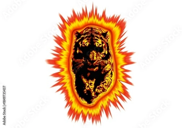 Fototapeta 白背景に燃える火の虎のデジタルアート。炎に包まれた虎の力強いイメージイラスト。
