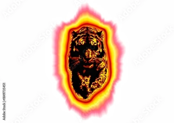 Fototapeta 白背景に燃える火の虎のデジタルアート。炎に包まれた虎の力強いイメージイラスト。