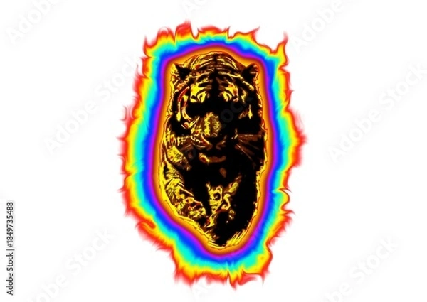 Fototapeta 白背景に燃える火の虎のデジタルアート。炎に包まれた虎の力強いイメージイラスト。