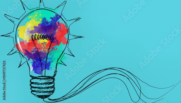 Fototapeta Creative illustration of a light bulb with colorful cloud designs on blue background showcasing imagination and innovation