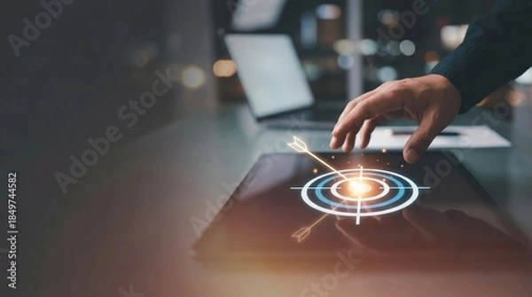 Obraz Hand touching tablet with glowing target touchpoint, for IT dashboard interface.