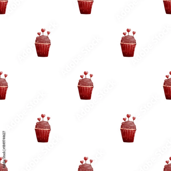 Obraz Digital Watercolor Cupcake Seamless Valentine Pattern