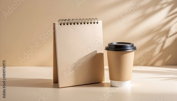 Fototapeta Clean Notebook and Coffee Mockup on Warm Cream Desk
