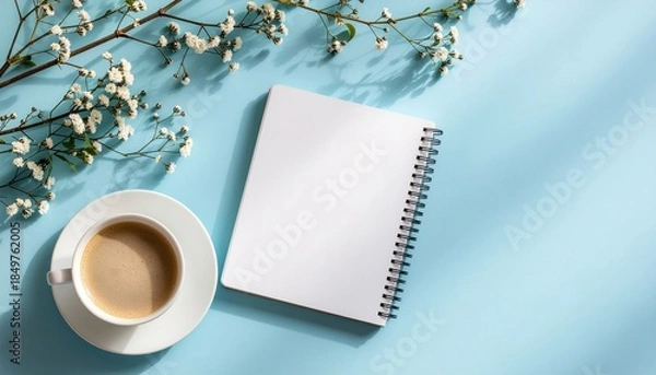 Fototapeta Minimal Notebook and Coffee Mockup on Pastel Blue Desk
