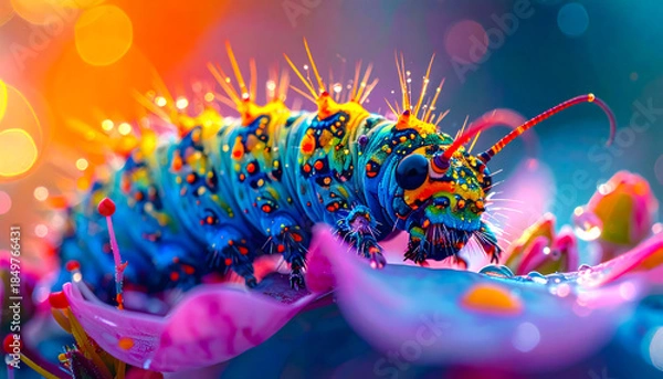 Fototapeta Close-up shot of a colorful caterpillar. A stunning nature background image. Macro shot.