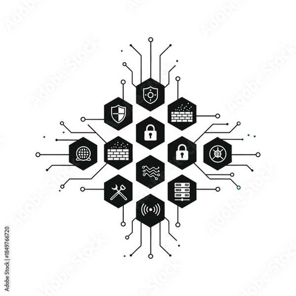 Obraz Cybersecurity concept with interconnected icons