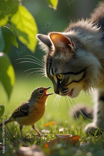 Obraz Little bird and cat