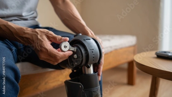 Obraz amputee adjusting knee prosthesis while sitting with device angled forward