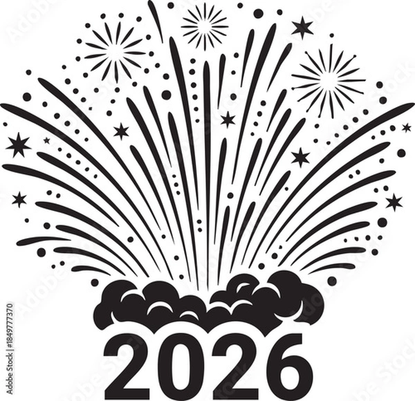 Obraz Happy New Year 2026 Fireworks Display Silhouettes on White Background