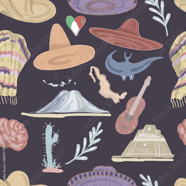 Fototapeta Mexico culture and traditions hats and sombreros guitar travel and tourism volcanoes and pyramids recreation bright ponchos national clothing hand-drawn sketch cute cartoon