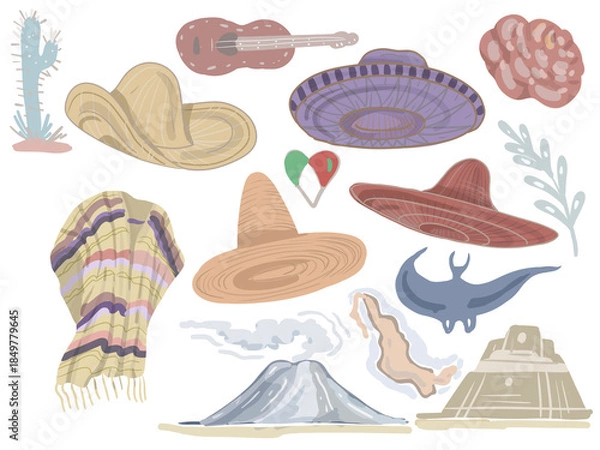 Fototapeta Mexico culture and traditions hats and sombreros guitar travel and tourism volcanoes and pyramids recreation bright ponchos national clothing hand-drawn sketch cute cartoon