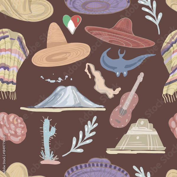 Fototapeta Mexico culture and traditions hats and sombreros guitar travel and tourism volcanoes and pyramids recreation bright ponchos national clothing hand-drawn sketch cute cartoon