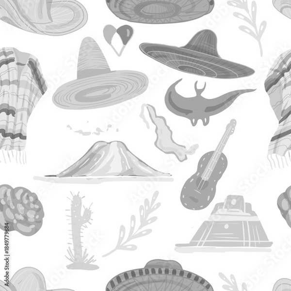 Fototapeta Mexico culture and traditions hats and sombreros guitar travel and tourism volcanoes and pyramids recreation bright ponchos national clothing hand-drawn sketch cute cartoon