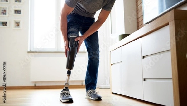 Obraz amputee adjusting knee prosthesis while standing in kitchen with natural light