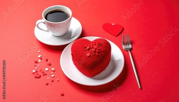 Obraz Romantic Heart Shaped Red Velvet Cake with Coffee and Fork.