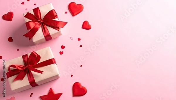Obraz Two romantic gift boxes with red ribbons and heart decorations on a pink background.