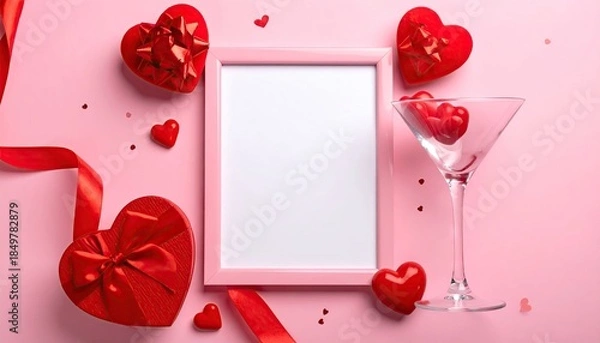 Obraz Romantic Valentines Day composition with red hearts and empty frame.