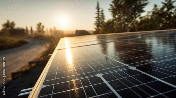 Fototapeta Solar panel with sun reflection at sunset
