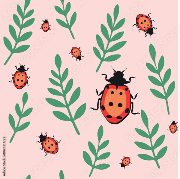 Obraz Ladybug and Leaf Pattern on Pink Background