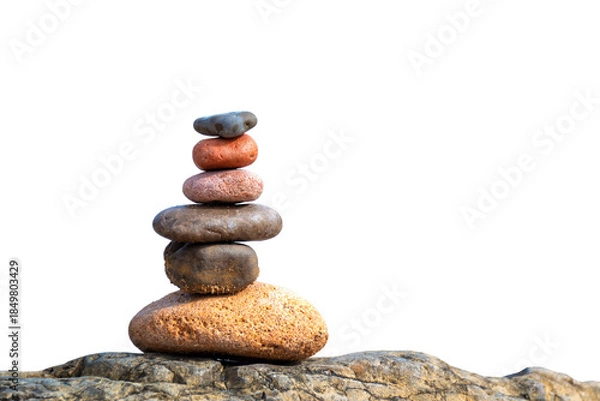 Obraz Pile of pebbles on a beach isolated on white or transparent background, balanced stones png cut out