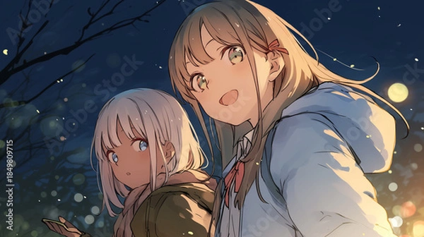 Obraz 夜のきらめく光の中で見上げるアニメ風女の子二人の幻想的な冬イラスト
