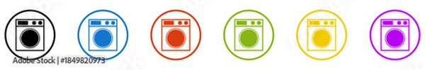 Fototapeta Banner mit 6 farbigen Icons im Kreis: Waschsalon, Wäsche oder Waschraum
