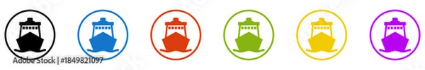 Fototapeta Banner mit 6 farbigen Icons im Kreis: Schiff, Hafen oder Fähre