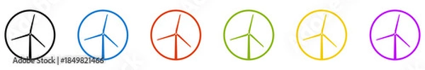 Fototapeta Banner mit 6 farbigen Icons im Kreis: Windmühle oder Windenergie