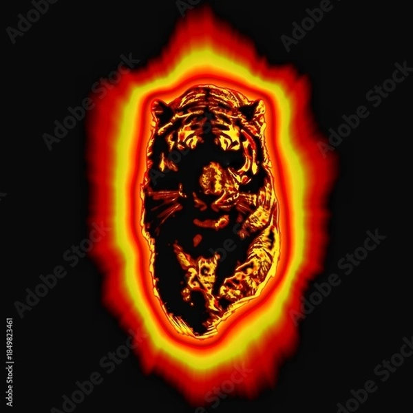 Fototapeta 黒背景に燃える火の虎のデジタルアート。炎に包まれた虎の力強いイメージイラスト。