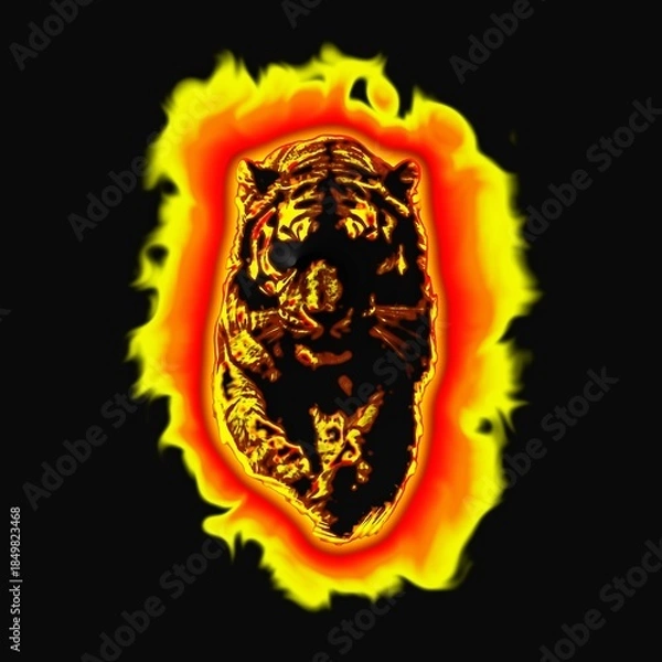 Fototapeta 黒背景に燃える火の虎のデジタルアート。炎に包まれた虎の力強いイメージイラスト。