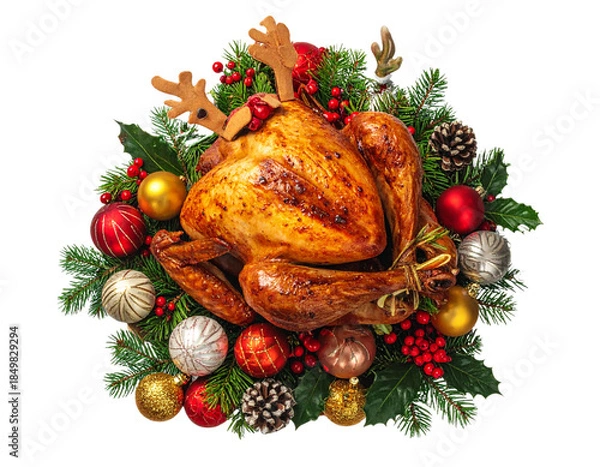 Obraz Turkey with Antlers and Scattered Holiday Decorations, Slight Top-Down View, Isolated on Transparent Background (2)