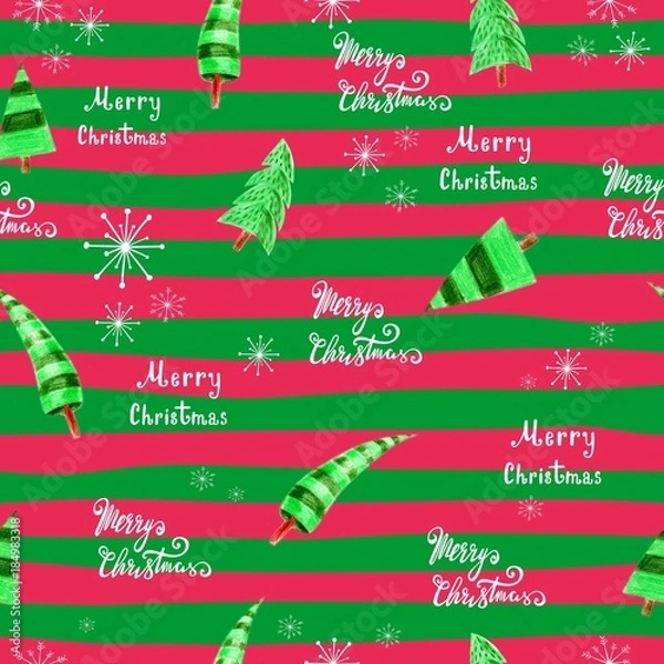 Obraz Seamless Christmas background with Christmas Trees and snowflakes. Lettering merry Christmas