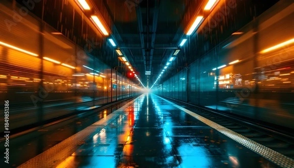 Fototapeta Empty modern train station platform with motion blur lights representing speed travel transportation and futuristic urban infrastructure.