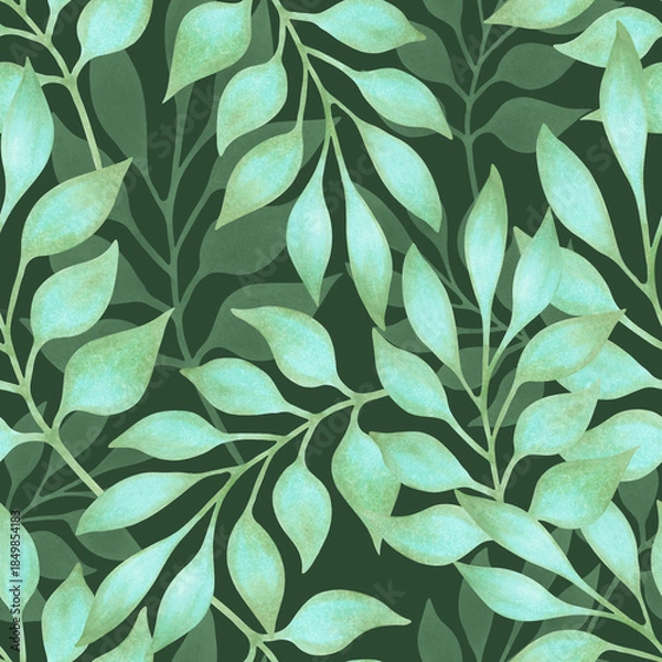 Fototapeta Seamless pattern with graceful turquoise leaves on branches. Watercolor botanical illustration. Hand drawn isolated art. Blue background for textiles, packaging, wallpaper, fabric, and paper.