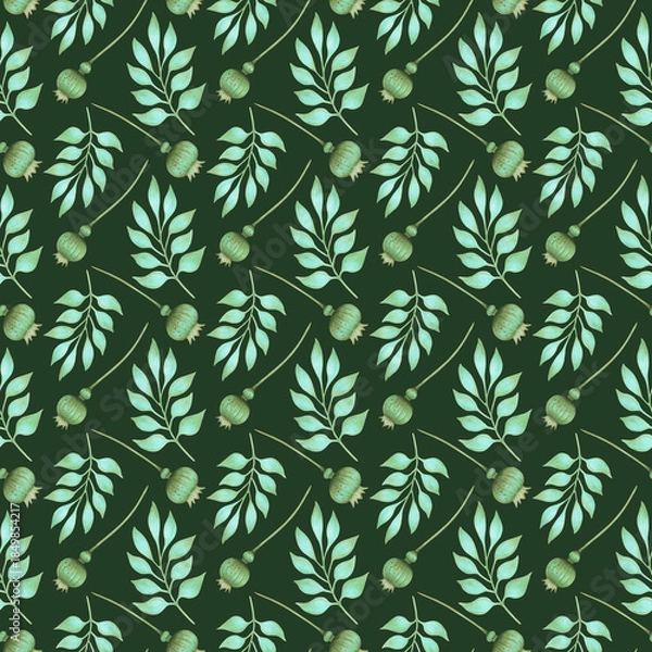 Fototapeta Seamless pattern with turquoise leaves on branches and poppy pods. Watercolor botanical illustration. Hand drawn isolated art. Blue background for textiles, packaging, wallpaper, fabric, and paper.
