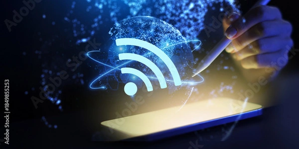 Obraz Wireless Connectivity and Global Communication Network Illustrated on a Digital Interface