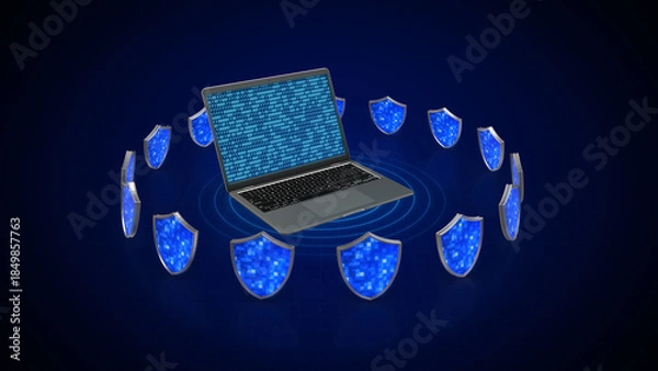 Fototapeta Laptop with Digital Shields and Binary Code for Cyber Security and Data Protection Concept