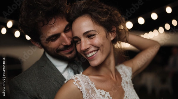Obraz Happy bride and groom dancing under string lights.