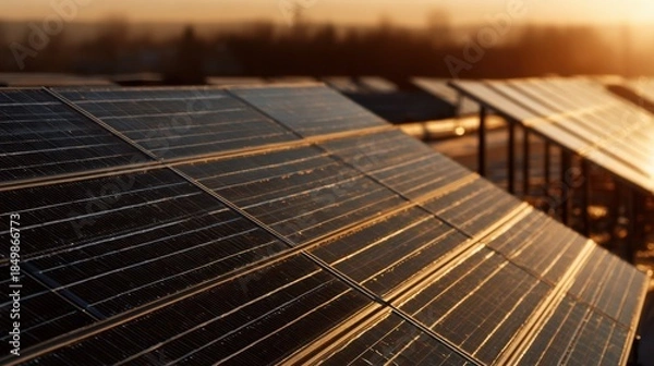 Obraz Solar panels at sunset capturing clean energy