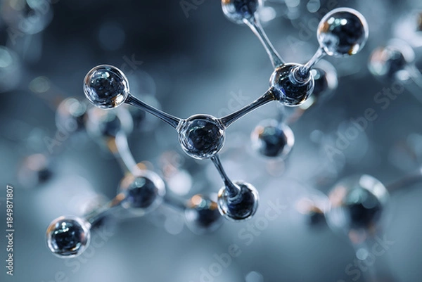 Obraz Glassy molecule structure rotating in blurred microscopic environment with shallow depth of field, perfect for science and technology related projects
