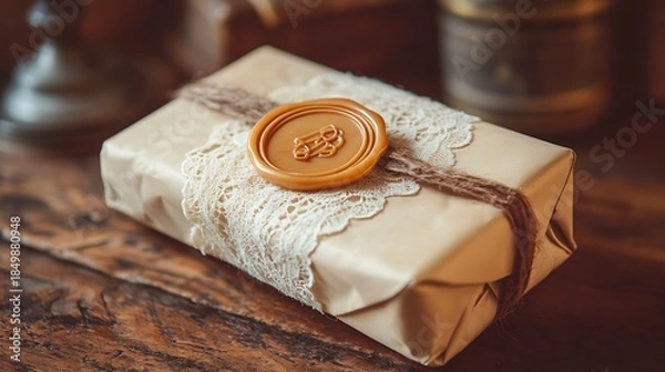 Fototapeta Wax sealed gift on wood.