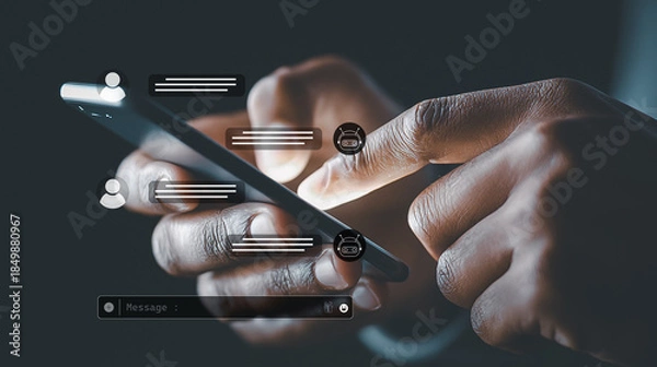 Fototapeta User using smartphone with Artificial intelligence chat assistant interface communication app.