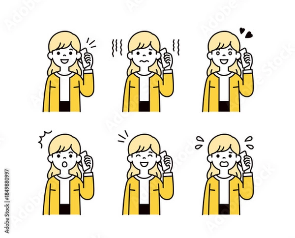 Fototapeta スマートフォンで通話する、様々な表情の女性・主婦・ママの上半身ベクターイラスト素材セット