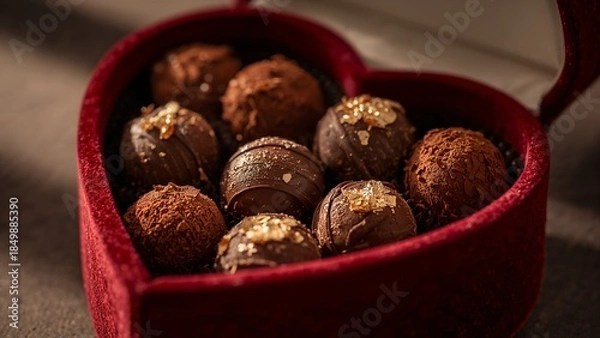 Fototapeta Decadent gold-flaked chocolate truffles in a red velvet heart box.