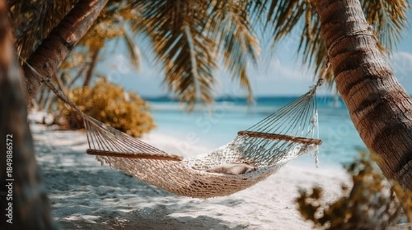 Obraz Hammock between palm trees on white sand beach