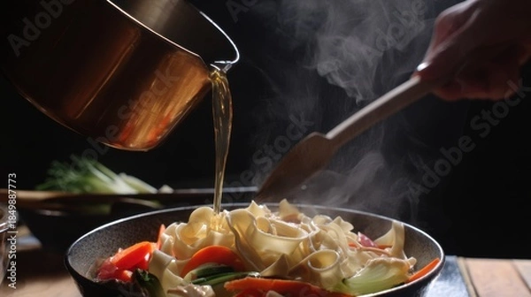 Obraz Pouring Broth into Noodles with Vegetables