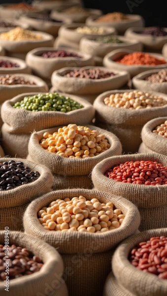 Fototapeta Colorful beans and legumes burlap sacks create vibrant display of natural food products. variety showcases different shapes and colors