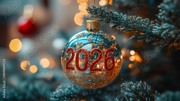 Obraz A shiny glass ornament hangs on a fir branch showing glittery 2026. Warm bokeh lights glow softly in the blurred background